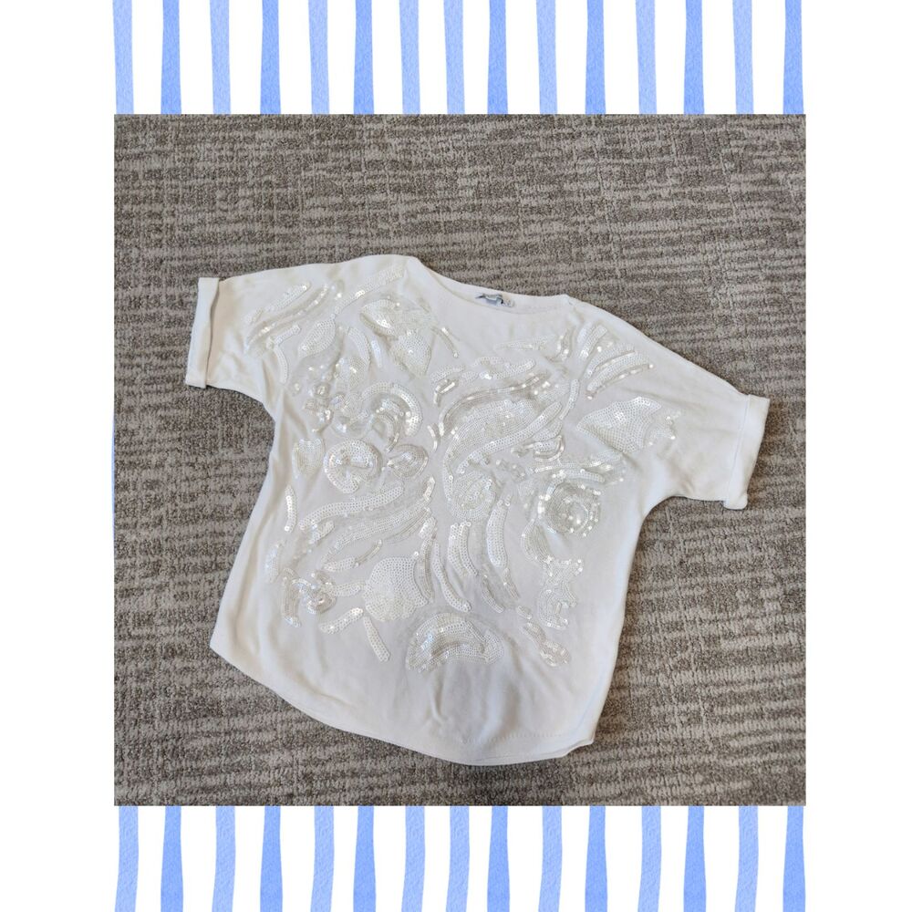 Chico's White sequin embellished short sleeve sweater top size 0 or S